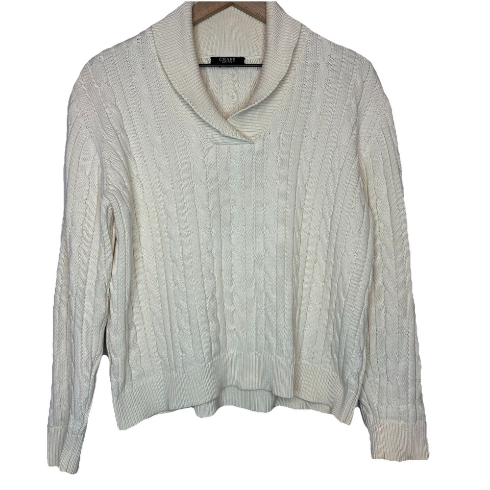 Cable Knit Shawl Collar Sweater Ivory Large Boho Cottage Fisherman Twee Academia